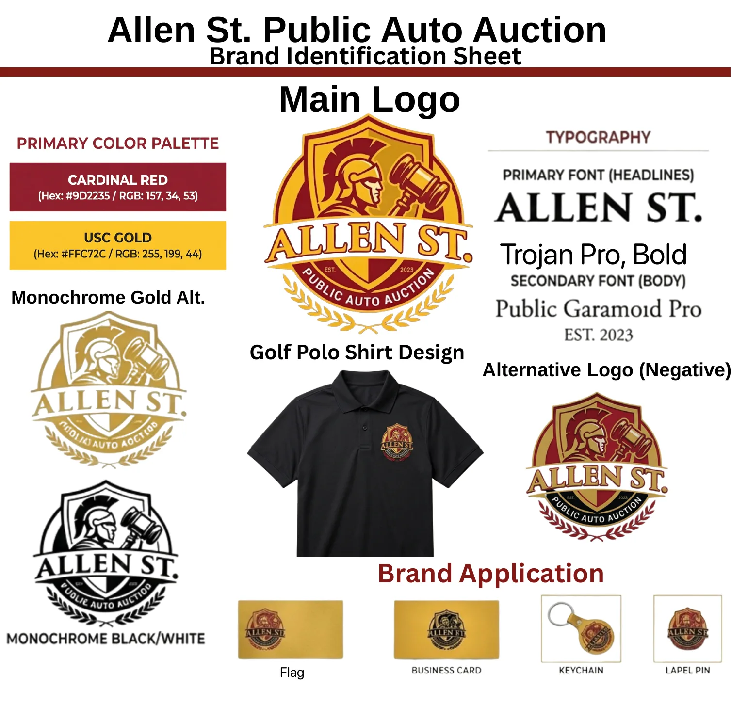 Allen St. Public Auto Auction brand identification sheet with Trojan crest logo, color palette and merchandise applications