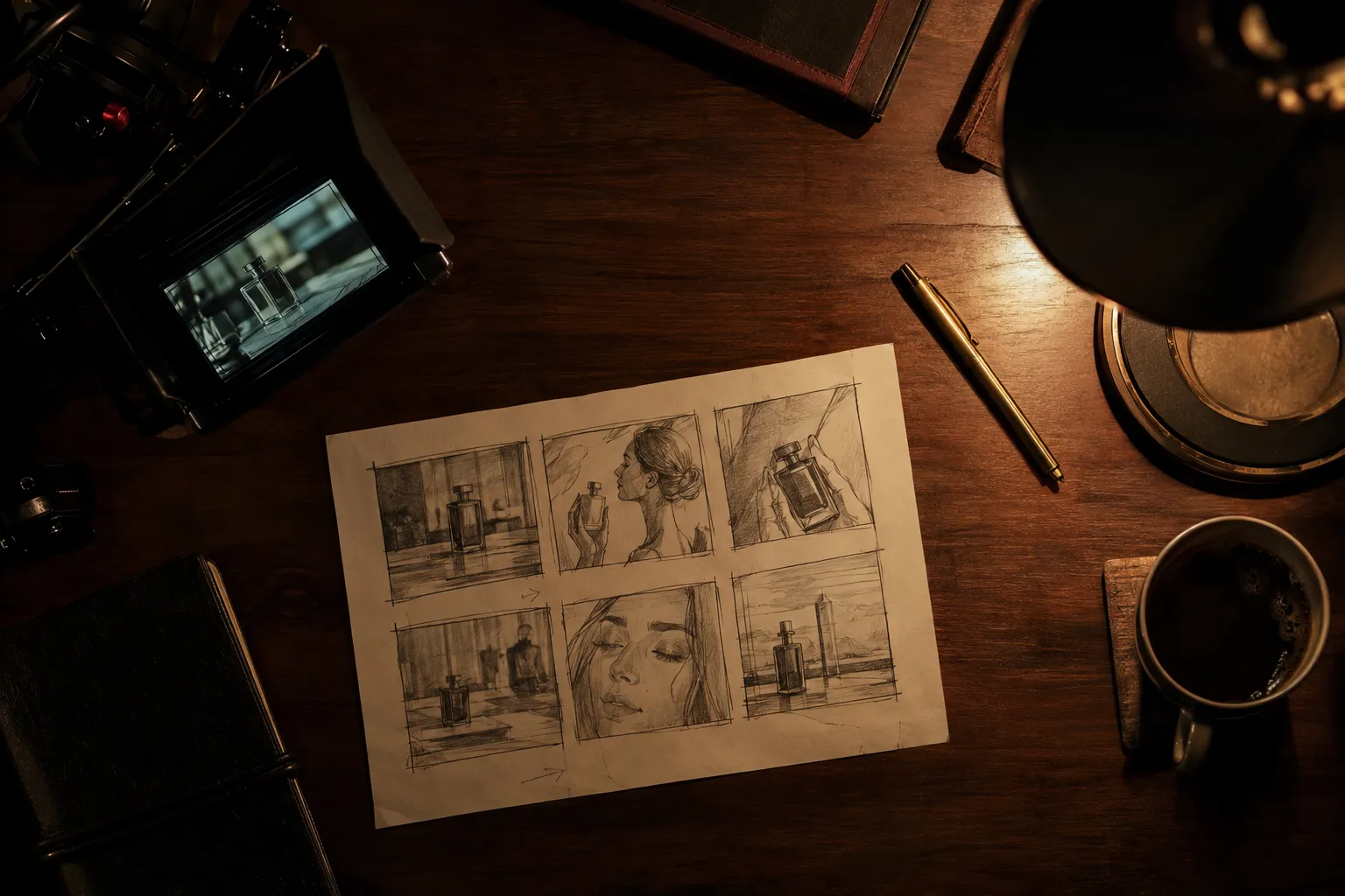 Hand-drawn storyboard panels on a studio desk beside a camera monitor and gold pen