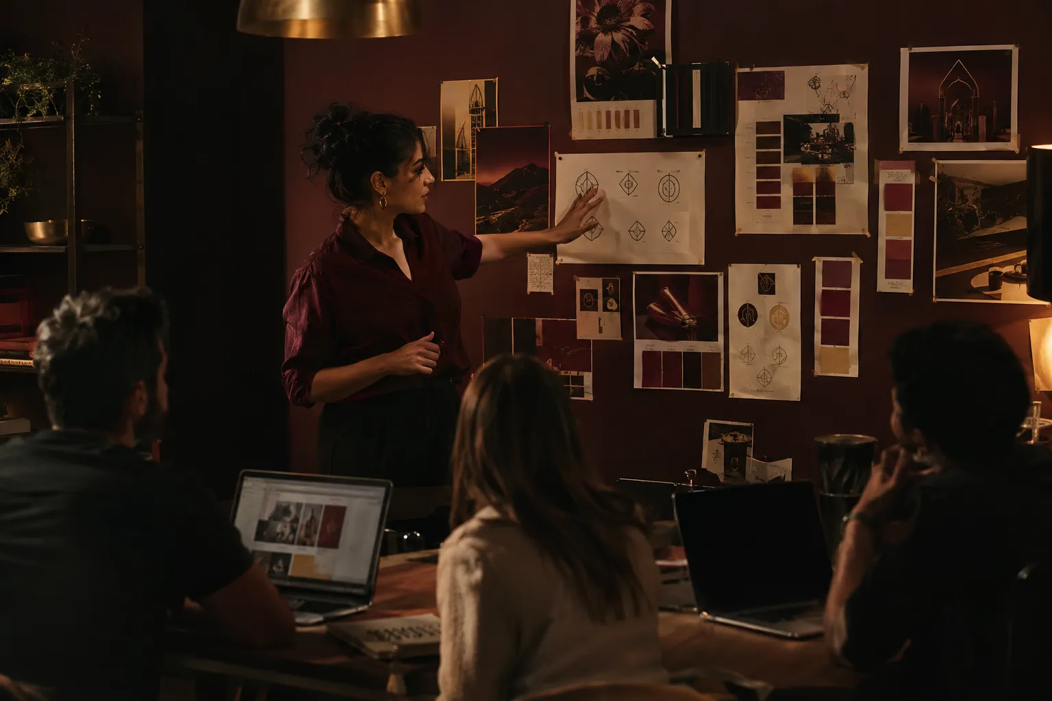 Creative strategist presenting a burgundy and gold brand mood board to a small team